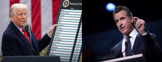 President Donald Trump, at left, shows reporters a list of "reciprocal tariffs"; Gov. Gavin Newsom has said California remains a leader in global commerce.